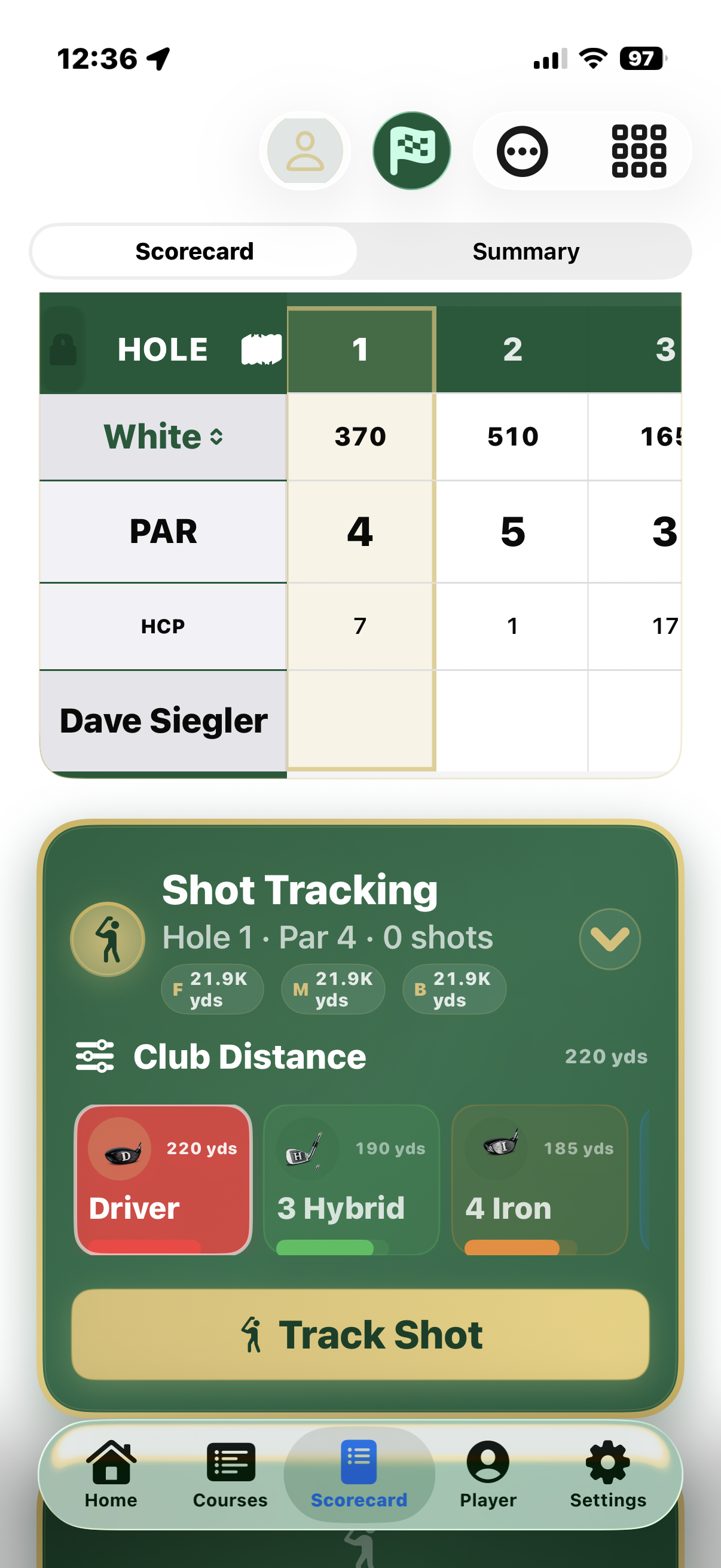 T'doff app showing scorecard and shot tracking