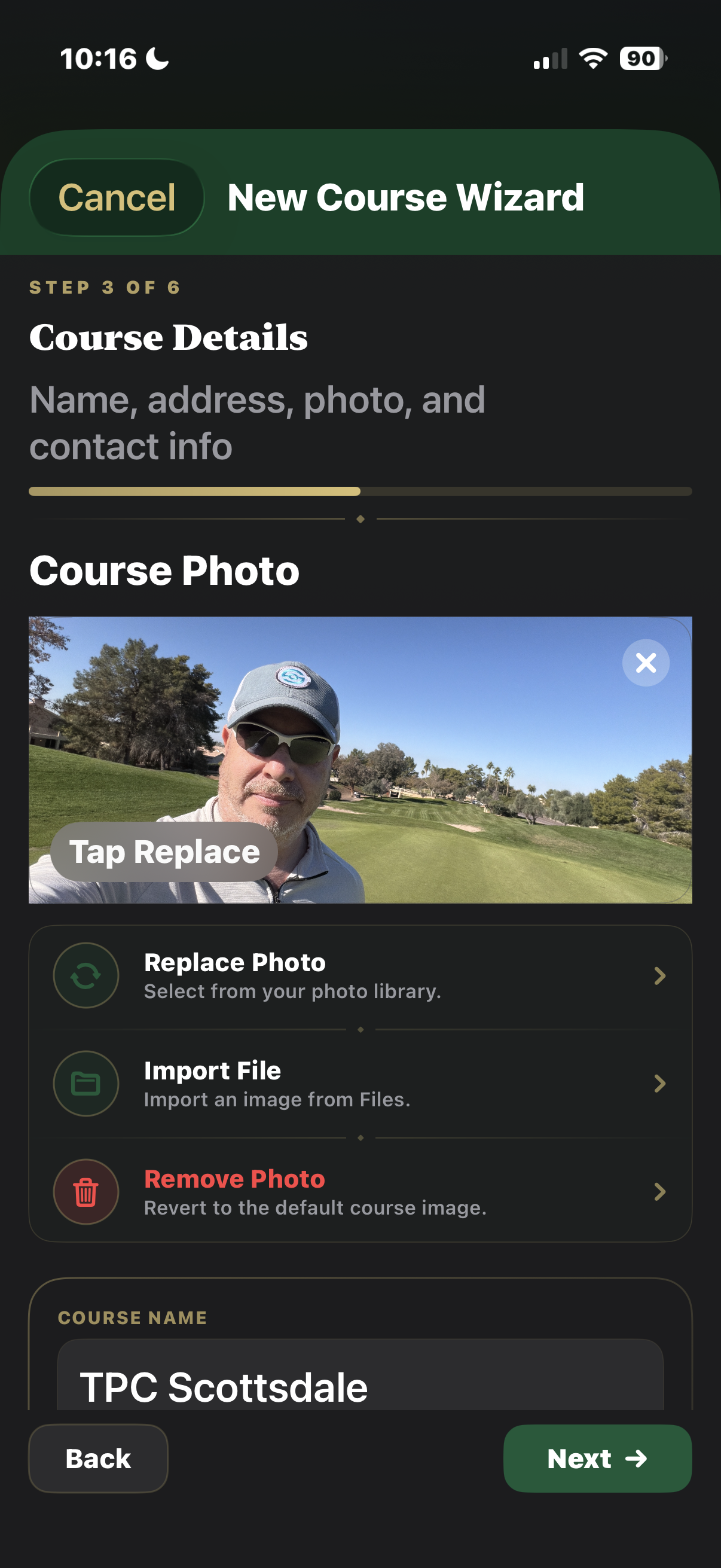 T'doff support view showing score and hole data