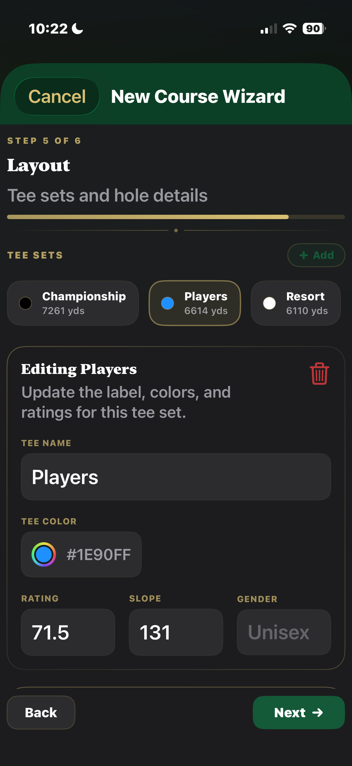T'doff screen showing club setup