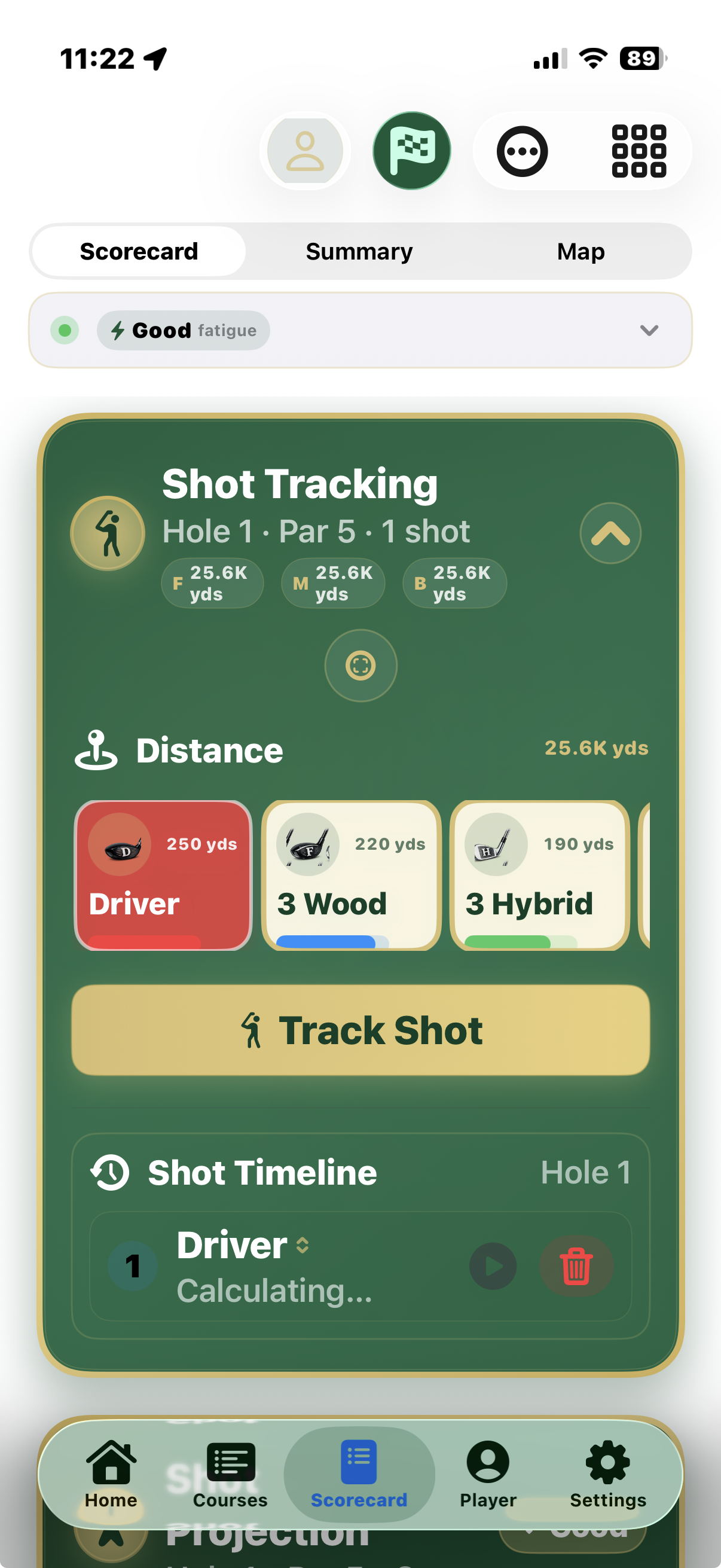 T'doff app screenshot: shot tracking with driver